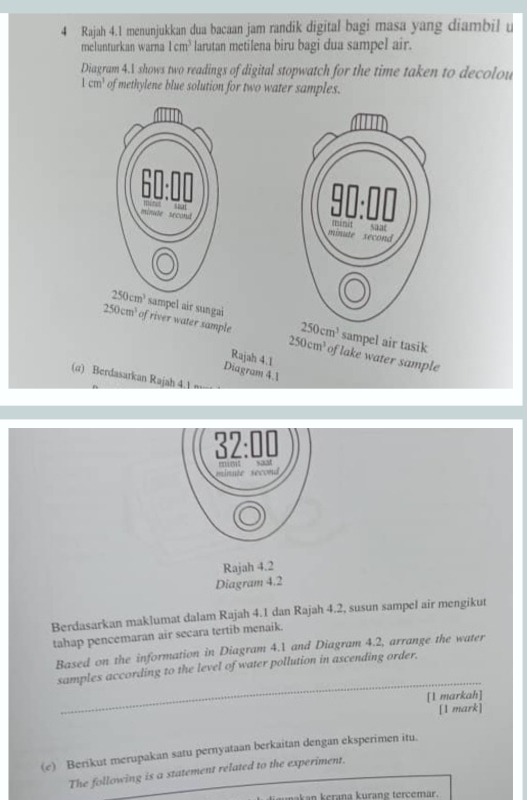 Rajah 4.1 menunjukkan dua bacaan jam randik digital bagi masa yang diambil u
melunturkan warna 1cm^3 larutan metilena biru bagi dua sampel air.
Diagram 4.1 shows two readings of digital stopwatch for the time taken to decolou
1cm^3 of methylene blue solution for two water samples.
 
sampel air sungai sampel air tasik
250cm^3
250cm^3 of river water sample 250cm^3 of lake water sample
Rajah 4.1
Diagram 4.1
(α) Berdasarkan Rajah 4.1
32:□ □
minute second mut soot
Rajah 4.2
Diagram 4.2
Berdasarkan maklumat dalam Rajah 4.1 dan Rajah 4.2, susun sampel air mengikut
tahap pencemaran air secara tertib menaik.
Based on the information in Diagram 4.1 and Diagram 4.2, arrange the water
_
samples according to the level of water pollution in ascending order.
[1 markah]
[1 mark]
(e) Berikut merupakan satu pernyataan berkaitan dengan eksperimen itu.
The following is a statement related to the experiment.