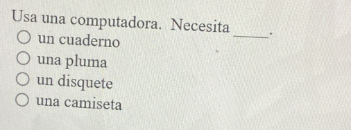 Usa una computadora. Necesita
un cuaderno
_
una pluma
un disquete
una camiseta