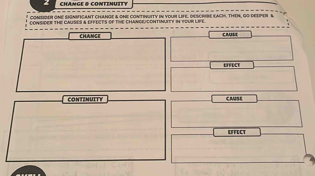 CHANGE & CONTINUITY 
CONSIDER ONE SIGNIFICANT CHANGE & ONE CONTINUITY IN YOUR LIFE. DESCRIBE EACH. THEN, GO DEEPER & 
CONSIDER THE CAUSES & EFFECTS OF THE CHANGE/CONTINUITY IN YOUR LIFE. 
CHANGE CAUSE 
EFFECT 
CONTINUITY CAUSE 
EFFECT