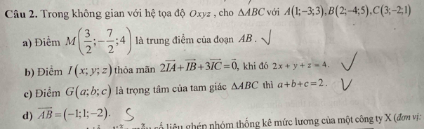 Trong không gian với hệ tọa độ Oxyz , cho △ ABC với A(1;-3;3), B(2;-4;5), C(3;-2;1)
a) Điểm M( 3/2 ;- 7/2 ;4) là trung điểm của đoạn AB. 
b) Điểm I(x;y;z) thỏa mãn 2vector IA+vector IB+3vector IC=vector 0 , khi đó 2x+y+z=4. 
c) Điểm G(a;b;c) là trọng tâm của tam giác △ ABC thì a+b+c=2. 
d) vector AB=(-1;1;-2). 
l u cố liê u ghén nhóm thống kê mức lương của một công ty X (đơn vị: