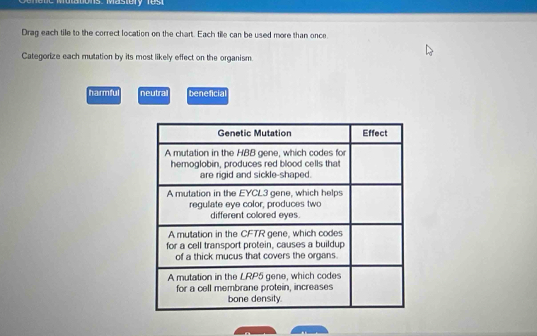 ios. Ma t e ry r e 
Drag each tile to the correct location on the chart. Each tile can be used more than once.
Categorize each mutation by its most likely effect on the organism
harmful neutral beneficial