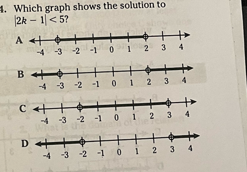 Which graph shows the solution to
|2k-1|<5</tex> ?
A
B
D