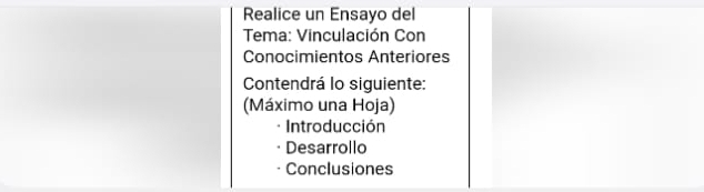 Realice un Ensayo del 
Tema: Vinculación Con 
Conocimientos Anteriores 
Contendrá lo siguiente: 
(Máximo una Hoja) 
Introducción 
Desarrollo 
Conclusiones