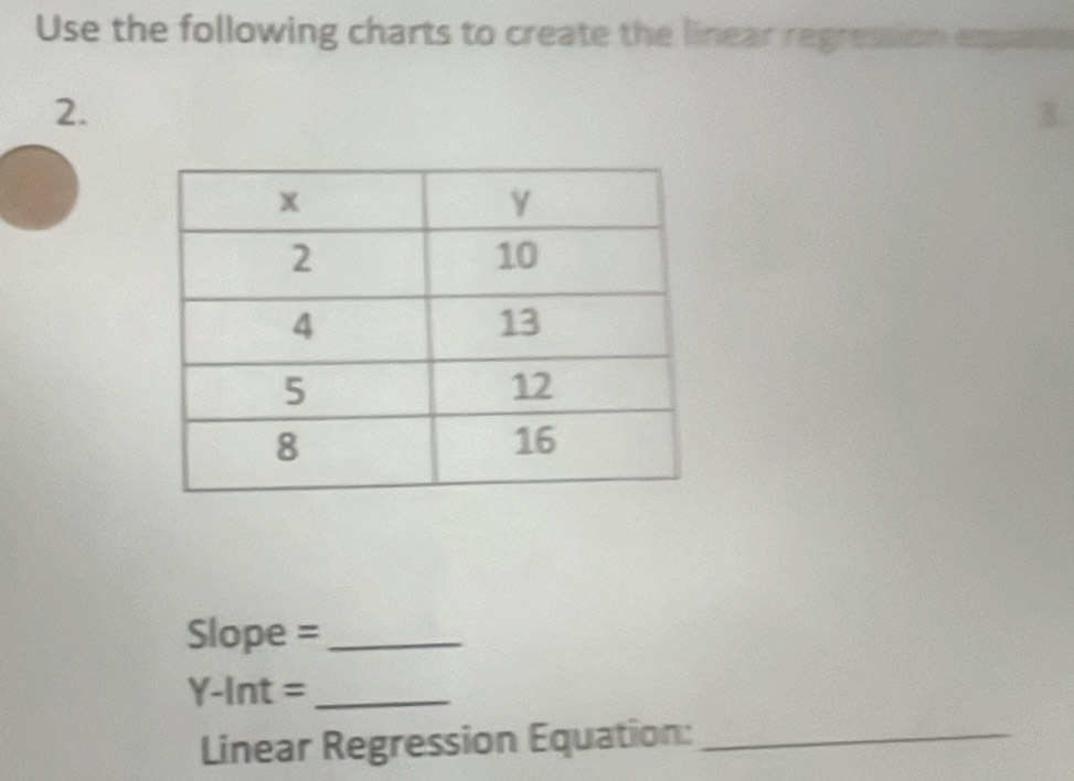 Use the following charts to create the linear regression eqpane 
2. 
3
Slope =_ 
_ Y-Int=
Linear Regression Equation:_