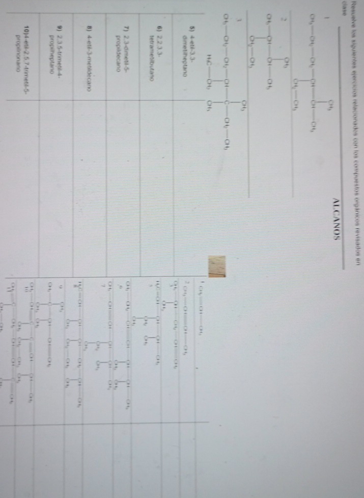 Resuelve los siguientes ejercicios relacionados con los compuestos orgánicos revisados en
clase
ALCANOS
frac a_5-a_6-a_5-a_6-a_5-a_5a_5a_5-a_5
2
beginarrayr 2 34encloselongdiv (∈t)^(19) beginbmatrix 94 -94endarray -alpha 4 alpha _5-alpha 4 hline endarray
CH_3