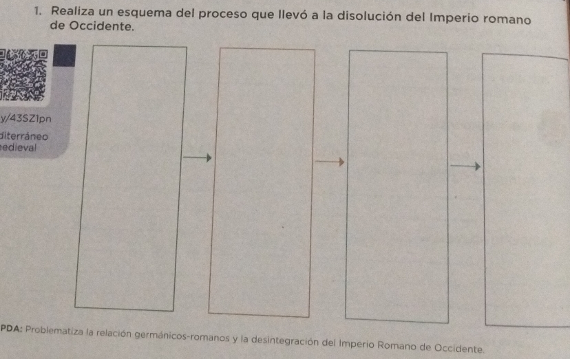 Realiza un esquema del proceso que llevó a la disolución del Imperio romano
de Occidente.
y/43SZ1pn
diterráneo
edieval
PDA: Problematiza la relación germánicos-romanos y la desintegración del Imperio Romano de Occidente.