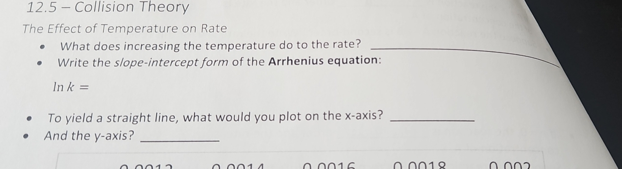 12.5 - Collision Theory 
The Effect of Temperature on Rate 
What does increasing the temperature do to the rate?_ 
Write the slope-intercept form of the Arrhenius equation:
ln k=
To yield a straight line, what would you plot on the x-axis?_ 
And the y-axis?_
0 001º