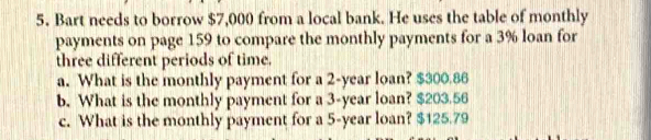 Bart needs to borrow $7,000 from a local bank. He uses the table of monthly 
payments on page 159 to compare the monthly payments for a 3% loan for 
three different periods of time. 
a. What is the monthly payment for a 2-year loan? $300.86
b. What is the monthly payment for a 3-year loan? $203.56
c. What is the monthly payment for a 5-year loan? $125.79