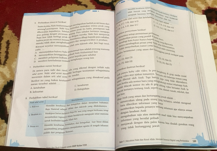 Menilka knsabargn dabam Iidooá lpil kaneya Medpar
tutnk bast'rak yougs mt lkon deowsheys mp beaa.
gotngajak leurya betibulh sanprniah Alish la
6. Perhatikan riwayat beriku
Suatu ketika, Nabi Muhammad saw mendapatkan hadiah jeruk limau dari  n aagan nabi ulu  dan krteladanan yang tepat adalah .
D. dan
seorang perempuan. Nabj Saw Lemudian memakan semua jeruk yang , ¡ A. 2-C, 3-B. dan 4-D C. 1-C. 2-A, 3-D, dan 4-B
   
dibawakan kepadanya Setelah; semua jeruk itu habis, perempuan tadi 2A.3-t 4-C D. 1-D, 2-A, 3-B, dan 4-C
pun pulang dengan perasaan ang. Para sahabat bertanya mengapa
Nabi Saw tidak berbagi jeruk ju denjın mereka. Nabi Saw menjawab ibatikan pernyataan berikut!
bahwa jeruk itu rasanya masam seandainya dibagi kepada para sahabat   Menerima setiap permintaan perlmas'
mereka tidak akan menghabisk aanya dan mengecewakan si pemberi   Memberikan pesan yang positif di dans my 
Riwayat tersebut menunjukkan salah satu hikmah sifat Jaiz bagi rasul, = Memhagi kata kunci hanya kepadsong yang dipercays
( Hanya membagikan pesan yarig *ušah jela kebonatannya
yaitu ...
A.  menunjukkan bahwa Nabi Mahammad Saw adalah seorang manusia
a Tidak menyebarkan rumor yang membust malu seseoring
B. menunjukkan keunggulan urbadi Nabi Muhammad Saw
C. memberi pelajaran hukum syariat kepada para sahabat
laku berinternet yang aman dan belanggang jawab terdapat pada
D. memberi keteladanan tentang menghargai orang lain wor ,,.
7. Perhatikan narasi berikut!
8. (2). (3). dan (4). (1). (2). dan (3)
C. n, (4), dan (5)
D. (3), (4), dan (5)
Di antara para nabi dan rasu! ada yang dikenal dengan istilah nabi
ulul azmi. Nabi uluł azmi memiliki berbagai keutamaan sebagaimana  ferhatikan ilustrasi berikut!
tercermin dalam arti ulul azmi itu sendiri
udi punya hoby edit video. Ia pun bergabung di grup media sosial
Berikut ini yang bukan keutamaan sebagaimana yang dimaksud pada sting video atas ajakan temannya. Temyaa ada beberapa teman yang
usdah dikenal oleh Andi. Tapi banyak juga yang tidak dikenalinya
narasi tersebut adalah .. .,
C. kesabaran
Saatu ketika ada nomor baru yang menghubungi nomor whatsapp Andi
A. ketabahan
D. Keteguhan
telsh dilacak nomor itu ada di grup editing video bersama Andi. l
B. kekuatan
banyak bertanya tentang Andi, seperti usia, alamat rumah, sekolah, das
lain-Iain.
sikap Andi yang aman dan bertang gring jawab adalah ...
A. menanyakan ulang pada orang yang bertanya, setelah mengena
baru diberikan informasi yang bena
B memberikan kepada penanya tentang informasi apa adanya sesual
dengan keadaan Andi
C. mengabaikan saja atau memohon maaf tidak bisa menyampaikan
informasi yang bersifat pribadi
D. menjawab dengan data palsu karena bisa disalah gunakan orang
yang tidak bertanggung jawab
Bab 7 | Meyakini Nabi dan Rassul Allah: MenjadiGmerai Digital yang Berkarakter 189
sam en B udi Pekerti untuk SMP * Kelas VIII