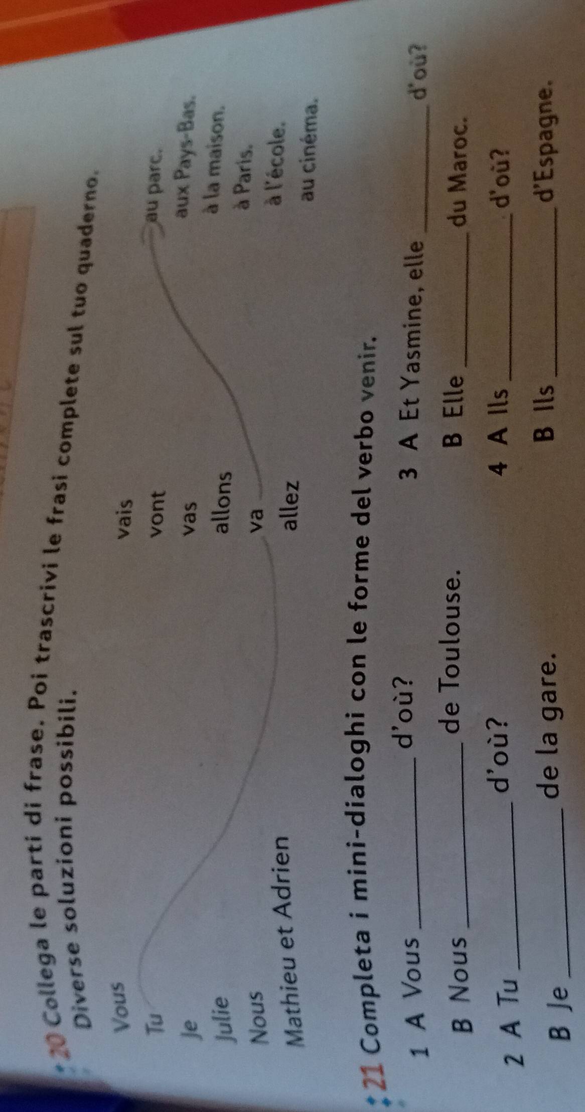 Collega le parti di frase. Poi trascrivi le frasi complete sul tuo quaderno.
Diverse soluzioni possibili.
Vous
vais
Tu vont au parc.
Je vas
aux Pays-Bas.
Julie allons
à la maison.
Nous
à Paris.
à l'école.
Mathieu et Adrien va
allez
au cinéma.
*21 Completa i mini-dialoghi con le forme del verbo venir.
d'où?
1 A Vous _3 A Et Yasmine, elle _d'où?
de Toulouse. B Elle
B Nous __du Maroc.
4 A Ils
2 A Tu _d'où? _d'où?
B Je_
B Ils
de la gare. _d'Espagne.