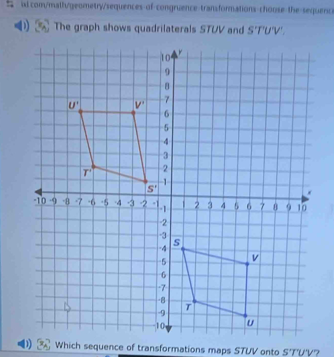 ixi com/math/geometry/sequences-of-congruence-transformations-choose-the-sequence
The graph shows quadrilaterals STUV and S'T'U'V',
Which sequence of transformations maps STUV onto S'T'U'V'?