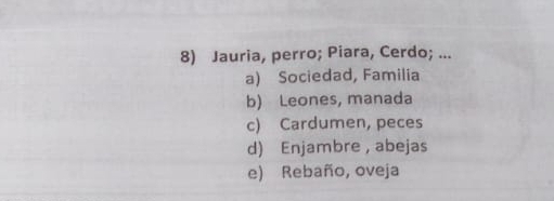 Jauria, perro; Piara, Cerdo; ...
a) Sociedad, Familia
b) Leones, manada
c) Cardumen, peces
d) Enjambre ,abejas
e) Rebaño, oveja