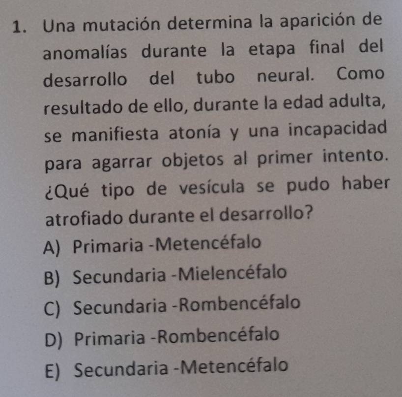 Una mutación determina la aparición de
anomalías durante la etapa final del
desarrollo del tubo neural. Como
resultado de ello, durante la edad adulta,
se manifiesta atonía y una incapacidad
para agarrar objetos al primer intento.
¿Qué tipo de vesícula se pudo haber
atrofiado durante el desarrollo?
A) Primaria -Metencéfalo
B) Secundaria -Mielencéfalo
C) Secundaria -Rombencéfalo
D) Primaria -Rombencéfalo
E) Secundaria -Metencéfalo