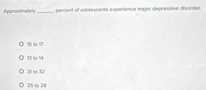 Approximately_ percent of adolescents experience major depressive disorder.
15 to 17
13 to 14
31 to 32
25 to 28