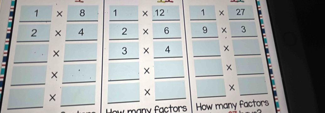 frac  1/2 , X
|
beginarrayr _ 1* _ 27 _ 9* _ 3 _ * _ endarray
beginarrayl  1/2 - 1/4 = 3/2 &x 2/3  * frac frac x 2/3 * □ *  1/2  _ endarray.  ____  □ /□  beginarrayr *  * endarray ____ □ _
_  
:□
How many factors How many factors