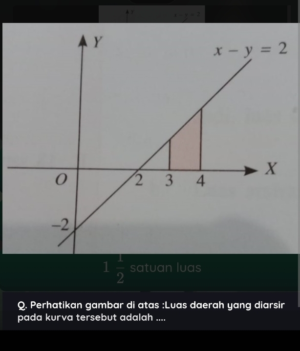 x-y=2
1 1/2  satuan luas
Q. Perhatikan gambar di atas :Luas daerah yang diarsir
pada kurva tersebut adalah ....