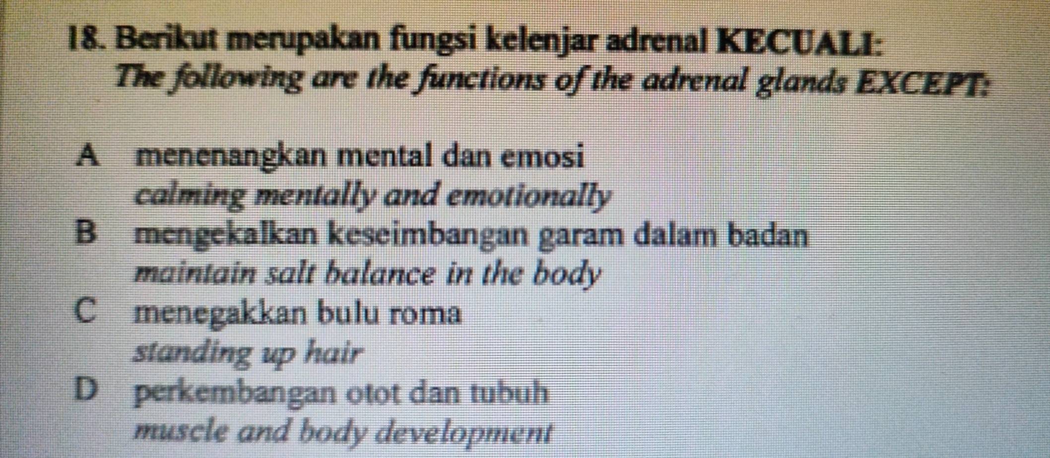 Berikut merupakan fungsi kelenjar adrenal KECUALI:
The following are the functions of the adrenal glands EXCEPT:
A menenangkan mental dan emosi
calming mentally and emotionally
B mengekalkan keseimbangan garam dalam badan
maintain salt balance in the body
C menegakkan bulu roma
standing up hair
D perkembangan otot dan tubuh
muscle and body development