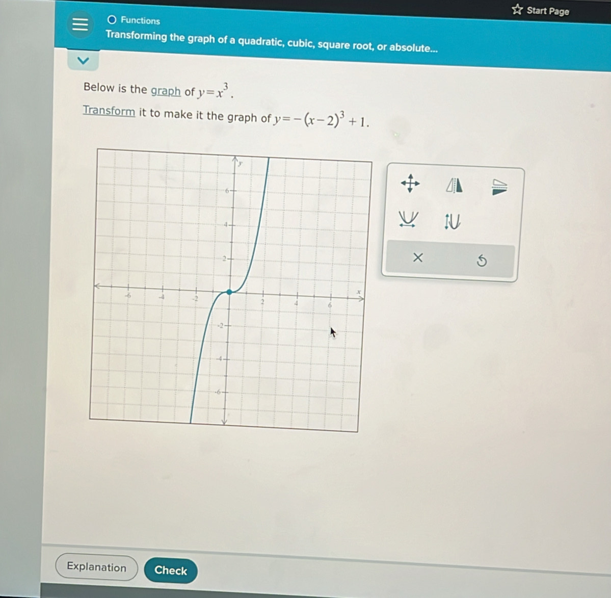 Start Page
Functions
Transforming the graph of a quadratic, cubic, square root, or absolute...
Below is the graph of y=x^3. 
Transform it to make it the graph of y=-(x-2)^3+1. 
×
Explanation Check