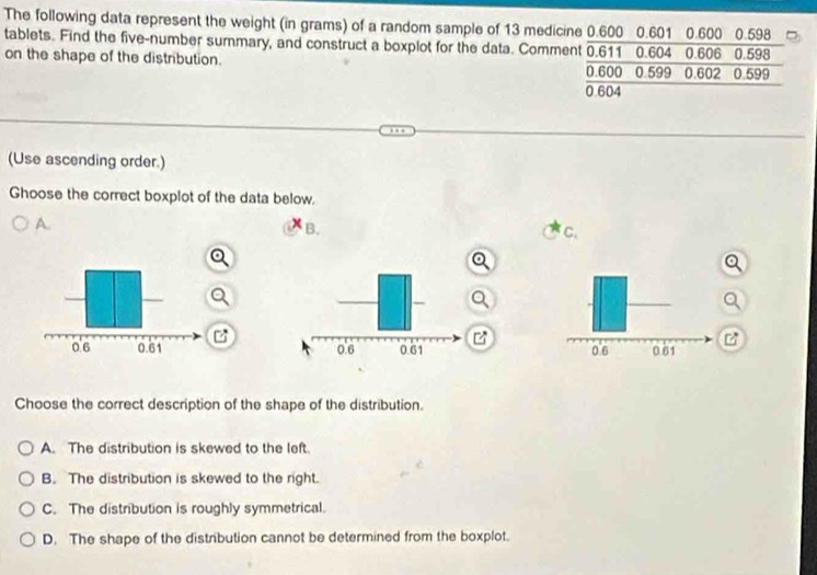 The following data represent the weight (in grams) of a random sample of 13 medicine 0.600 0.601 0.600
tablets. Find the five-number summary, and construct a boxplot for the data. Comment 0.611 0.604 0.606 0.598 0.598
on the shape of the distribution. 0.600 0 599 0.602 0.599
0.604
(Use ascending order.)
Ghoose the correct boxplot of the data below.
A.
B.
C.
z
B

Choose the correct description of the shape of the distribution.
A. The distribution is skewed to the left.
B. The distribution is skewed to the right.
C. The distribution is roughly symmetrical.
D. The shape of the distribution cannot be determined from the boxplot.