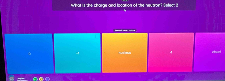 What is the charge and location of the neutron? Select 2
Select oll correct options
0
+1 nucleus -1 cloud