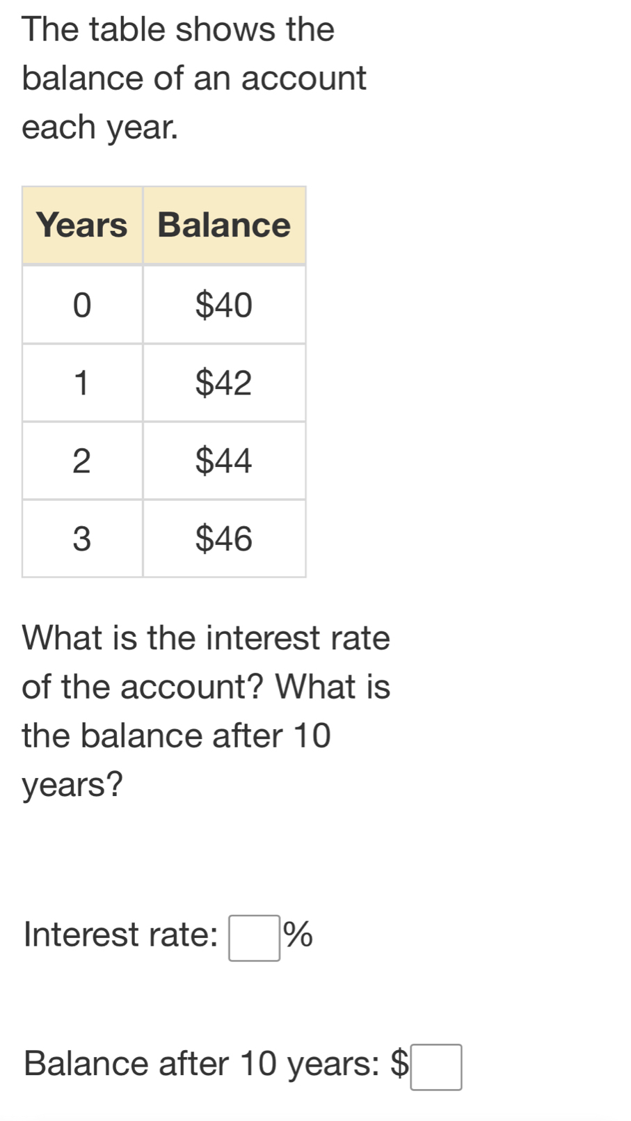 The table shows the 
balance of an account 
each year. 
What is the interest rate 
of the account? What is 
the balance after 10
years? 
Interest rate: □ %
Balance after 10 years : $□