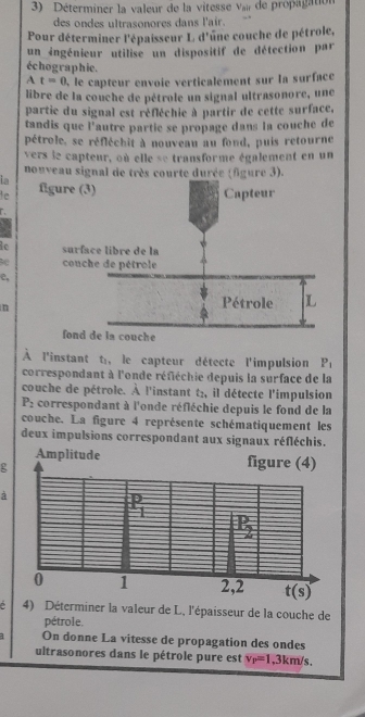 Déterminer la valeur de la vitesse a de propagation
des ondes ultrasonores dans l'air.
Pour déterminer l'épaisseur L d'une couche de pétrole,
un ingénieur utilise un dispositif de détection par
échographie.
A t=0 , le capteur envoie verticalement sur la surface
libre de la couche de pétrole un signal ultrasonore, une
partie du signal est réfléchie à partir de cette surface.
tandis que l'autre partie se propage dans la couche de
pétrole, se réfléchit à nouveau au fond, puis retourne
vers le capteur, où elle se transforme également en un
nouveau signal de très courte durée (fgure 3).
ia
le 
do 
e,
n
A l'instant t, le capteur détecte l'impulsion P_1
correspondant à l'onde réfiéchie depuis la surface de la
couche de pétrole. À l'instant t2, il détecte l'impulsion
P_2 correspondant à l'onde réfléchie depuis le fond de la
couche. La figure 4 représente schématiquement les
deux impulsions correspondant aux signaux réfléchis.
Amplitude figure (4)
g
à
P_1
P_2
0 1 2,2 t(s)
4) Déterminer la valeur de L, l'épaisseur de la couche de
pétrole.
On donne La vitesse de propagation des ondes
ultrasonores dans le pétrole pure est v_P=1,3km/s.