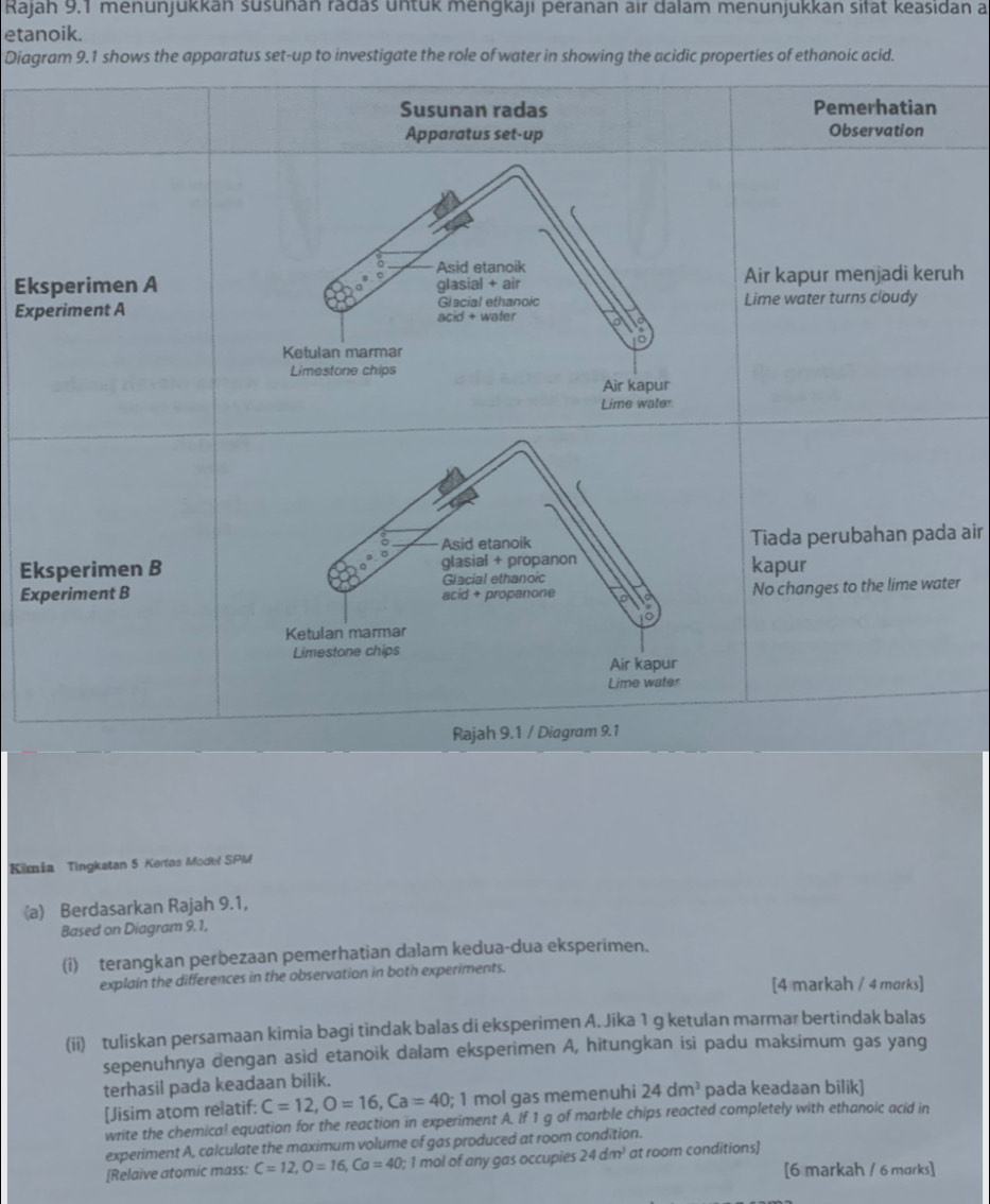 Rajah 9.1 menunjükkan süšuñan radas untük mengkaji peranan air dalam menunjukkan sifät keasidan a
etanoik.
Diagram 9.1 shows the apparatus set-up to investigate the role of water in showing the acidic properties of ethanoic acid.
Susunan radas Pemerhatian
Apparatus set-up Observation
Asid etanoik
Eksperimen A glasial + air Air kapur menjadi keruh
Experiment A Glacial ethanoic wäter Lime water turns cloudy
5Cid+1
Ketulan marmar
Limestone chips
Air kapur
Lime water
Tiada perubahan pada air
Eksperimen B kapur
Experiment B No changes to the lime water
Rajah 9.1 / Diagram 9.1
Kimía Tingkatan 5 Kertas Model SPM
(a) Berdasarkan Rajah 9.1,
Based on Diagram 9.1,
(i) terangkan perbezaan pemerhatian dalam kedua-dua eksperimen.
explain the differences in the observation in both experiments.
[4 markah / 4 morks]
(ii) tuliskan persamaan kimia bagi tindak balas di eksperimen A. Jika 1 g ketulan marmar bertindak balas
sepenuhnya dengan asid etanoik dalam eksperimen A, hitungkan isi padu maksimum gas yang
terhasil pada keadaan bilik.
[Jisim atom relatif: C=12, O=16, Ca=40; 1 mol gas memenuhi 24dm^3 pada keadaan bilik]
write the chemical equation for the reaction in experiment A. If 1 g of marble chips reacted completely with ethanoic acid in
experiment A, calculate the maximum volume of gas produced at room condition.
[Relaive atomic mass: C=12, O=16, Ca=40; 1 mol of any gas occupies 24dm^3 at room conditions] [6 markah / 6 morks]