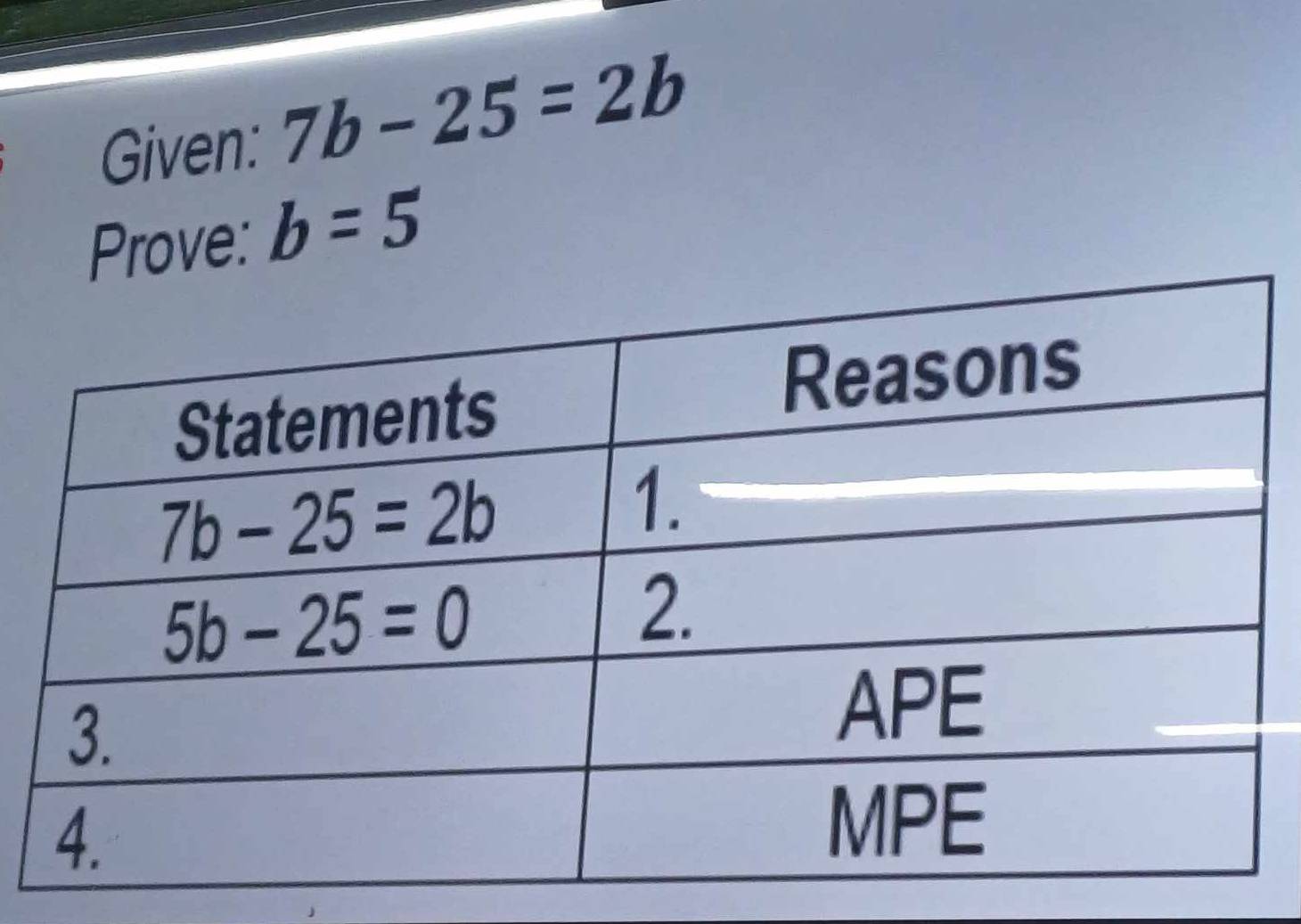 Given: 7b-25=2b
Prove: b=5