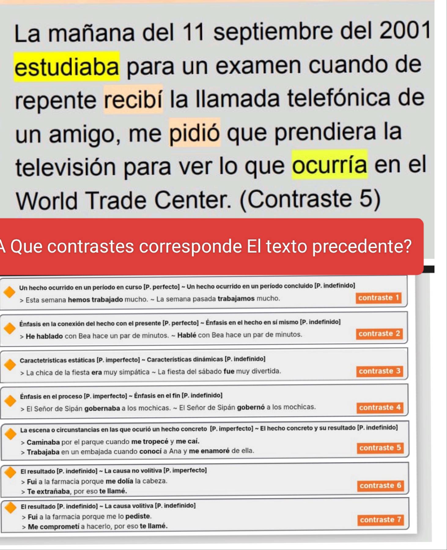 La mañana del 11 septiembre del 2001
estudiaba para un examen cuando de
repente recibí la llamada telefónica de
un amigo, me pidió que prendiera la
televisión para ver lo que ocurría en el
World Trade Center. (Contraste 5)
A Que contrastes corresponde El texto precedente?
Un hecho ocurrido en un período en curso [P. perfecto] ~ Un hecho ocurrido en un período concluido (P. indefinido]
> Esta semana hemos trabajado mucho. ~ La semana pasada trabajamos mucho. contraste 1
Énfasis en la conexión del hecho con el presente (P. perfecto] ~ Énfasis en el hecho en sí mismo (P. indefinido)
He hablado con Bea hace un par de minutos. ~ Hablé con Bea hace un par de minutos. contraste 2
Caractetrísticas estáticas [P. imperfecto] ~ Características dinámicas [P. indefinido]
> La chica de la fiesta era muy simpática ~ La fiesta del sábado fue muy divertida. contraste 3
Énfasis en el proceso [P. imperfecto] ~ Énfasis en el fin [P. indefinido]
> El Señor de Sipán gobernaba a los mochicas. ~ El Señor de Sipán gobernó a los mochicas. contraste 4
La escena o circunstancias en las que ocurió un hecho concreto (P. imperfecto] ~ El hecho concreto y su resultado (P. indefinido]
> Caminaba por el parque cuando me tropecé y me caí.
、 Trabajaba en un embajada cuando conocí a Ana y me enamoré de ella. contraste 5
El resultado [P. indefinido] ~ La causa no volitiva [P. imperfecto]
> Fui a la farmacia porque me dolía la cabeza.
7 Te extrañaba, por eso te llamé. contraste 6
El resultado [P. indefinido] ~ La causa volitiva [P. indefinido]
> Fui a la farmacia porque me lo pediste.
> Me comprometí a hacerio, por eso te llamé. contraste 7