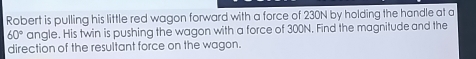 Robert is pulling his little red wagon forward with a force of 230N by holding the handle at a
60° angle. His twin is pushing the wagon with a force of 300N. Find the magnitude and the 
direction of the resultant force on the wagon.