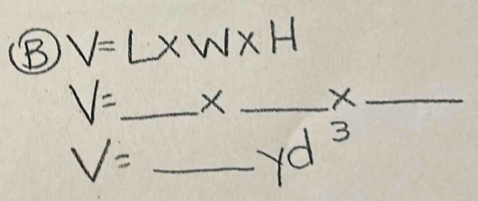 V=L* W* H
V= _ 
_ * 
x _
V=_  _ frac 1/5 yd^3