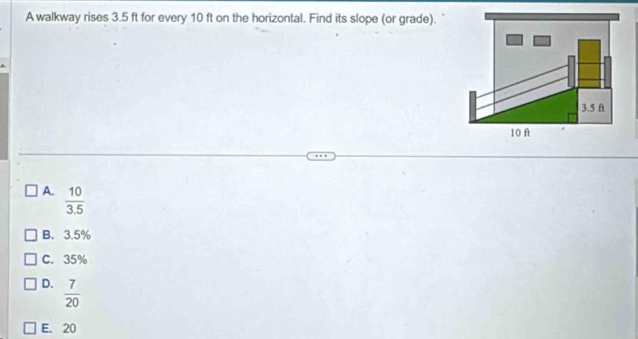 A walkway rises 3.5 ft for every 10 ft on the horizontal. Find its slope (or grade).
3.5 ft
10 ft
A.  10/3.5 
B. 3.5%
C. 35%
D.  7/20 
E. 20