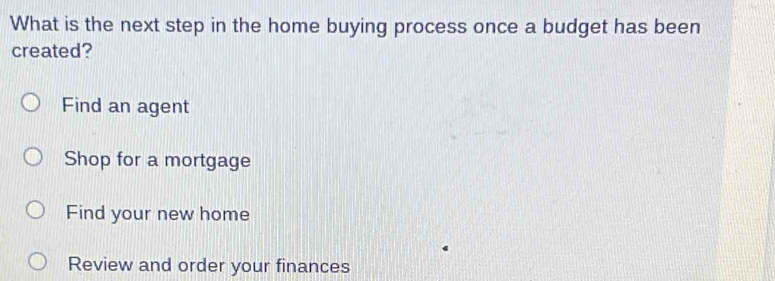 What is the next step in the home buying process once a budget has been
created?
Find an agent
Shop for a mortgage
Find your new home
Review and order your finances