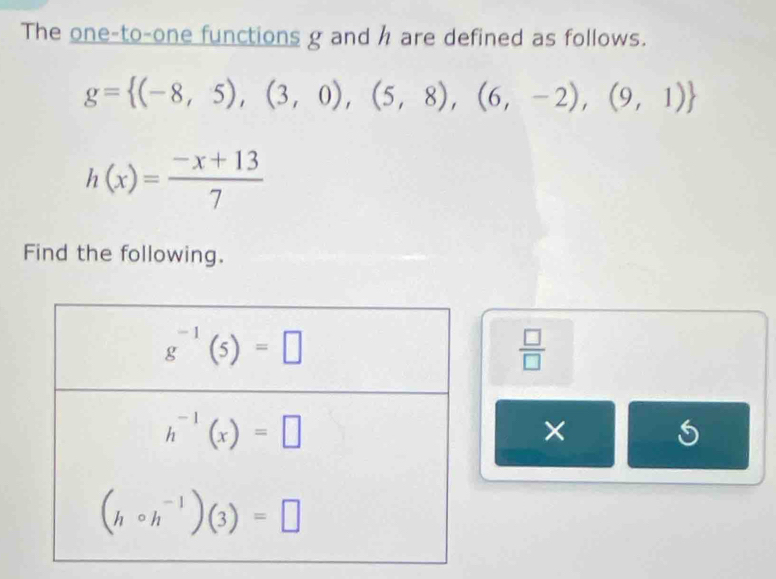 The one-to-one functions g and h are defined as follows.
g= (-8,5),(3,0),(5,8),(6,-2),(9,1)
h(x)= (-x+13)/7 
Find the following.
 □ /□  
×