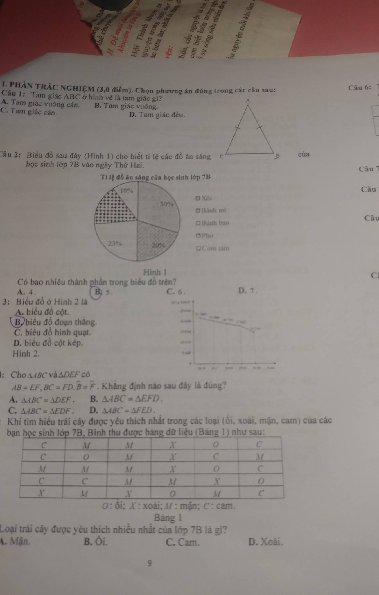 a
Ab
a
a

5 3.
I. PHÀN TRÁC NGHIỆM (3,0 điểm). Chọn phương án đúng trong các câu sau: Câu 6:
Cầu 1: Tam giác ABC ở hình vẽ là tam giác gì?
A. Tam giác vuông cân. B. Tam giác vuông.
C. Tam giác cân.
D. Tam giác đều.
Câu 2: Biểu đồ sau đây (Hình 1) cho biết ti lệ các đồ ăn sángcủa
học sinh lớp 7B vào ngày Thứ Hai.
Câu 7
Tỉ lệ đồ ăn sáng của học sinh lớp 7B
10% Câu
Xôi
30%
S Bánh mi
Câu
□ Bánh bao
B Phờ
23% 20%6 =Com tâm
Hình 1
C
Có bao nhiêu thành phần trong biểu đồ trên?
A. 4. B) 5 . C. 6 . D. 7 .
3: Biểu đồ ở Hình 2 là
A. biểu đồ cột. za n
B. biểu đồ đoạn thắng. 3ow ( sB
C. biểu đồ hình quạt.
D. biều đồ cột kép.
Hình 2.
3/0
4: Cho △ ABC và △ DEF có 20 ' ,4 202
AB=EF,BC=FD.widehat B=widehat F. Khăng định nào sau đây là đúng?
A. △ ABC=△ DEF. B. △ ABC=△ EFD.
C. △ ABC=△ EDF. D. △ ABC=△ FED.
Khi tìm hiều trái cây được yêu thích nhất trong các loại (ôi, xoài, mận, cam) của các
1) như sau:
O:hat Oi;X:xo bài; M : mận; C:cam.
Bảng 1
Loại trái cây được yêu thích nhiều nhất của lớp 7B là gì?
A. Mận. B. Ôi. C. Cam. D. Xoài.
9