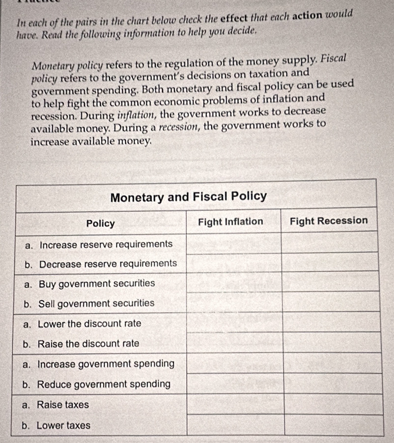 In each of the pairs in the chart below check the effect that each action would 
have. Read the following information to help you decide. 
Monetary policy refers to the regulation of the money supply. Fiscal 
policy refers to the government's decisions on taxation and 
government spending. Both monetary and fiscal policy can be used 
to help fight the common economic problems of inflation and 
recession. During inflation, the government works to decrease 
available money. During a recession, the government works to 
increase available money.