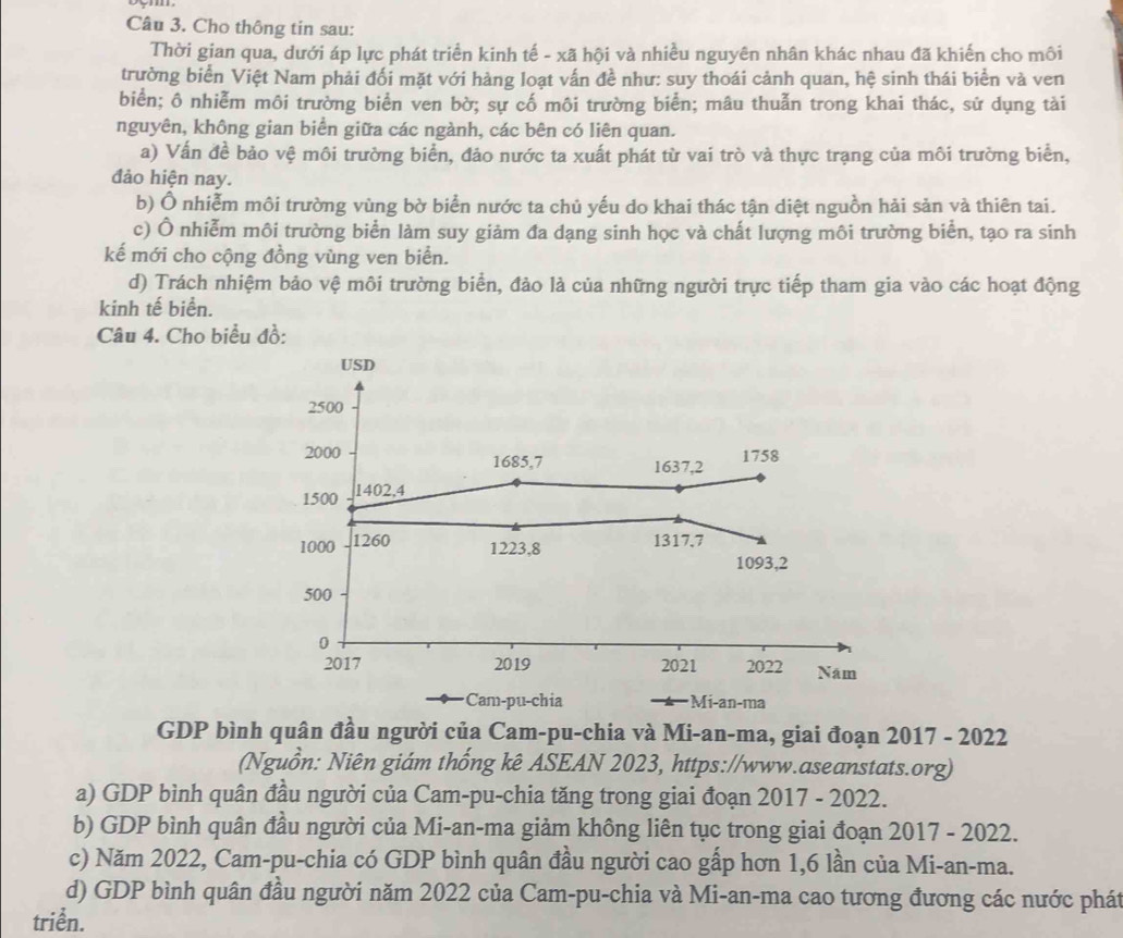 Cho thông tin sau:
Thời gian qua, dưới áp lực phát triển kinh tế - xã hội và nhiều nguyên nhân khác nhau đã khiến cho môi
trường biển Việt Nam phải đối mặt với hàng loạt vấn đề như: suy thoái cảnh quan, hệ sinh thái biển và ven
biển; ô nhiễm môi trường biển ven bờ; sự cố môi trường biển; mâu thuẫn trong khai thác, sử dụng tài
nguyên, không gian biển giữa các ngành, các bên có liên quan.
a) Vấn đề bảo vệ môi trường biển, đảo nước ta xuất phát từ vai trò và thực trạng của môi trường biển,
đảo hiện nay.
b) Ô nhiễm môi trường vùng bờ biển nước ta chủ yếu do khai thác tận diệt nguồn hải sản và thiên tai.
c) Ô nhiễm môi trường biển làm suy giảm đa dạng sinh học và chất lượng môi trường biển, tạo ra sinh
kế mới cho cộng đồng vùng ven biển.
d) Trách nhiệm bảo vệ môi trường biển, đảo là của những người trực tiếp tham gia vào các hoạt động
kinh tế biển.
Câu 4. Cho biểu đồ:
USD
2500
2000 1685,7 1637,2 1758
1500 1402,4
1000 1260 1317,7
1223,8
1093,2
500
0
2017 2019 2021 2022 Nam
Cam-pu-chia Mi-an-ma
GDP bình quân đầu người của Cam-pu-chia và Mi-an-ma, giai đoạn 2017 - 2022
(Nguồn: Niên giám thống kê ASEAN 2023, https://www.aseanstats.org)
a) GDP bình quân đầu người của Cam-pu-chia tăng trong giai đoạn 2017 - 2022.
b) GDP bình quân đầu người của Mi-an-ma giảm không liên tục trong giai đoạn 2017 - 2022.
c) Năm 2022, Cam-pu-chia có GDP bình quân đầu người cao gấp hơn 1,6 lần của Mi-an-ma.
d) GDP bình quân đầu người năm 2022 của Cam-pu-chia và Mi-an-ma cao tương đương các nước phát
triển.