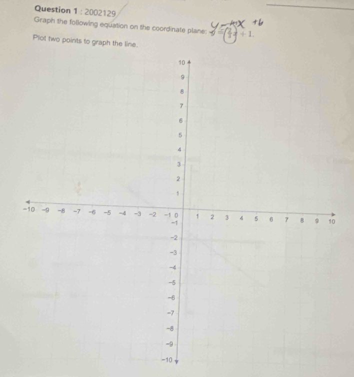 2002129 
_ 
Graph the following equation on the coordinate plane: y=( 2/3 x+1. 
Plot two points to graph the line.
-10