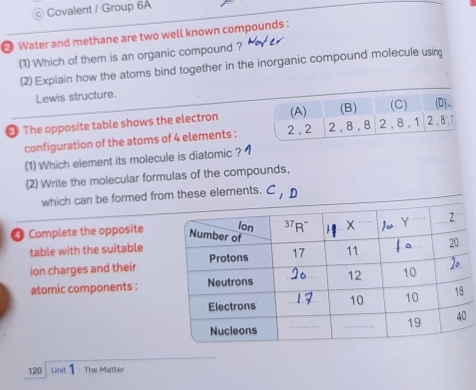 Covalent / Group 6A
❷ Water and methane are two well known compounds :
(1) Which of them is an organic compound ?
(2) Explain how the atoms bind together in the inorganic compound molecule using
Lewis structure.
The opposite table shows the electron (A) (B) (C) (D)、
configuration of the atoms of 4 elements : 2 , 2 2 , 8 , 8 2 , 8 , 1 2 , 8 , 7
(1) Which element its molecule is diatomic ?
(2) Write the molecular formulas of the compounds,
which can be formed from these elements.
@ Complete the opposite
table with the suitable
ion charges and their
atomic components :
120 Linit The Matter