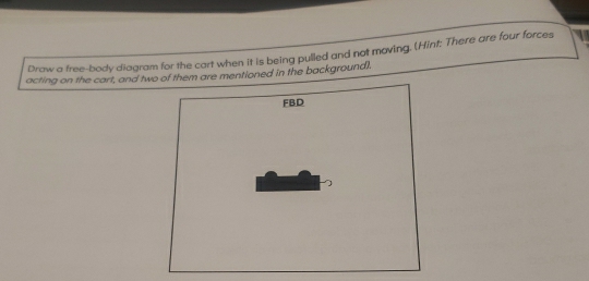 Draw a free-body diagram for the cart when it is being pulled and not maving. (Hint: There are four forces 
acting on the cart, and two of them are mentioned in the background). 
FBD