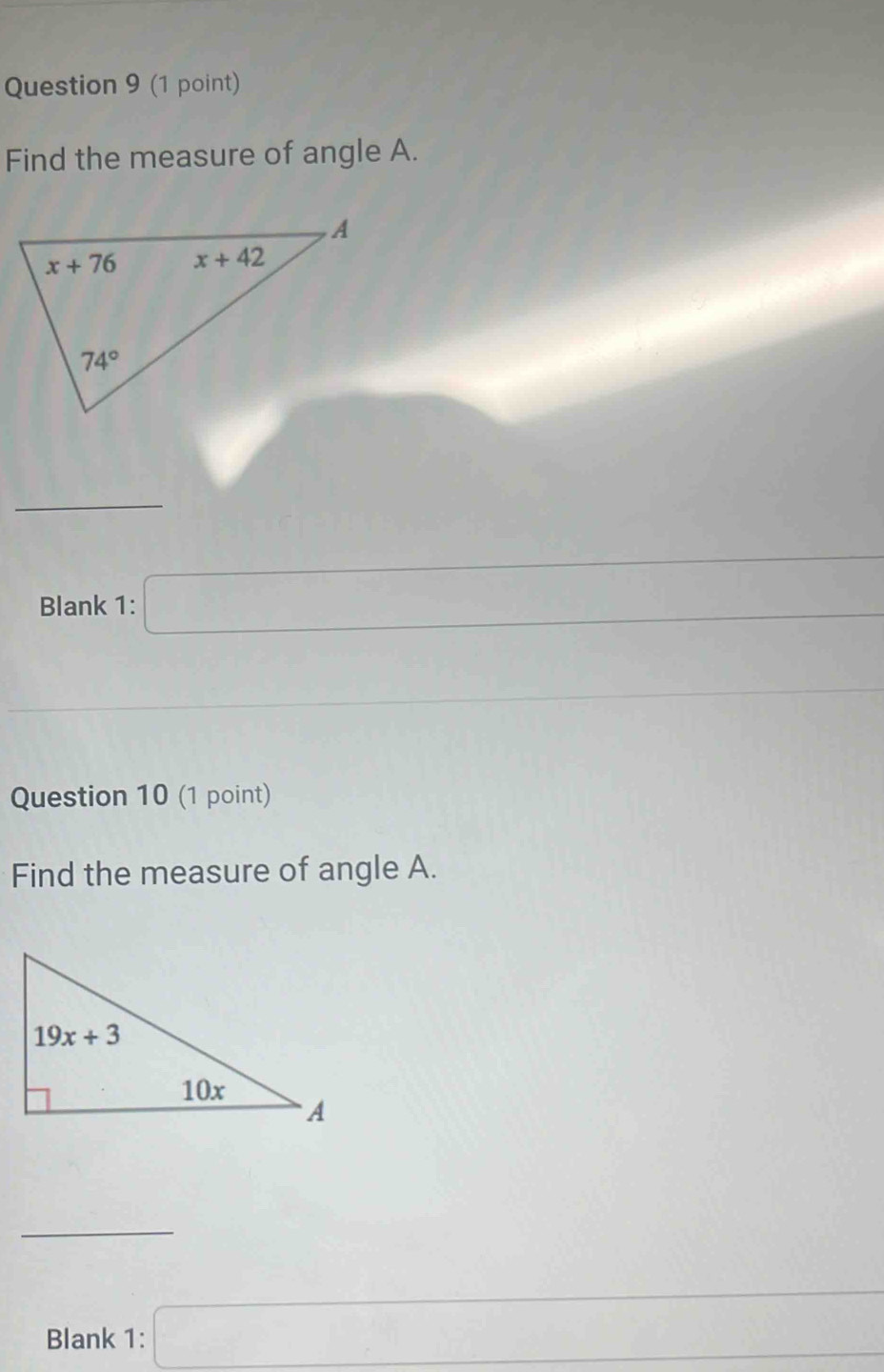 Find the measure of angle A.
_
=□
Blank 1: □
x_1+x_2=x_3+x_4 ∴ △ ADC
Question 10 (1 point)
Find the measure of angle A.
_
10,π ]
Blank 1: □