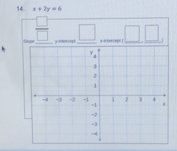 x+2y=6
 □ /□   
Slops y-intercept _  x-intercept ( □ ,□