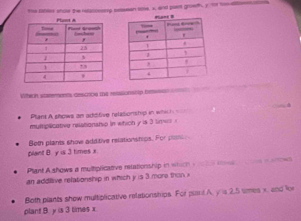 The tables show the relasonship beaseen time, x and plant growth, y for to ditsen esma

Which statements descroa the relationsh tp between el
Plant A shows an additive relationship in which w 
multiplicative relationship in which y is 3 times
Both plants show additive relationships. For plan 
plant B y is 3 times x.
Plant A shows a multiplicative relationship in which y us es oes 3
an additive relationship in which y is 3 more than
Both plants show multiplicative relationships. For plant A y=2.5 times x. and lo
plant B. y is 3 times x.