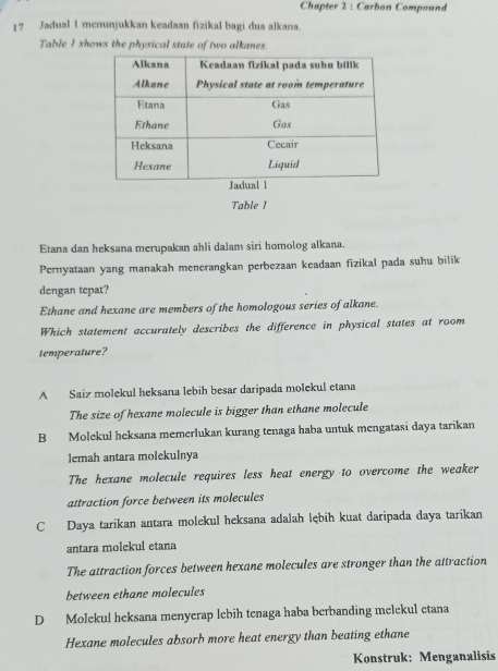 Chapter 2 : Carbon Compound
17 Jadual 1 menunjukkan keadaan fizikal bagi dua alkana.
Table 1 shows the physical state of two alkanes.
Table I
Etana dan heksana merupakan ahli dalam siri homolog alkana.
Pernyataan yang manakah menerangkan perbezaan keadaan fizikal pada suhu bilik
dengan tepat?
Ethane and hexane are members of the homologous series of alkane.
Which statement accurately describes the difference in physical states at room
temperature?
A Saiz molekul heksana lebih besar daripada molekul etana
The size of hexane molecule is bigger than ethane molecule
B Molekul heksana memerlukan kurang tenaga haba untuk mengatasi daya tarikan
lemah antara molekulnya
The hexane molecule requires less heat energy to overcome the weaker
attraction force between its molecules
C Daya tarikan antara molekul heksana adalah lębih kuat daripada daya tarikan
antara molekul etana
The attraction forces between hexane molecules are stronger than the attraction
between ethane molecules
D Molekul heksana menyerap lebih tenaga haba berbanding melekul etana
Hexane molecules absorb more heat energy than beating ethane
Konstruk: Menganalisis