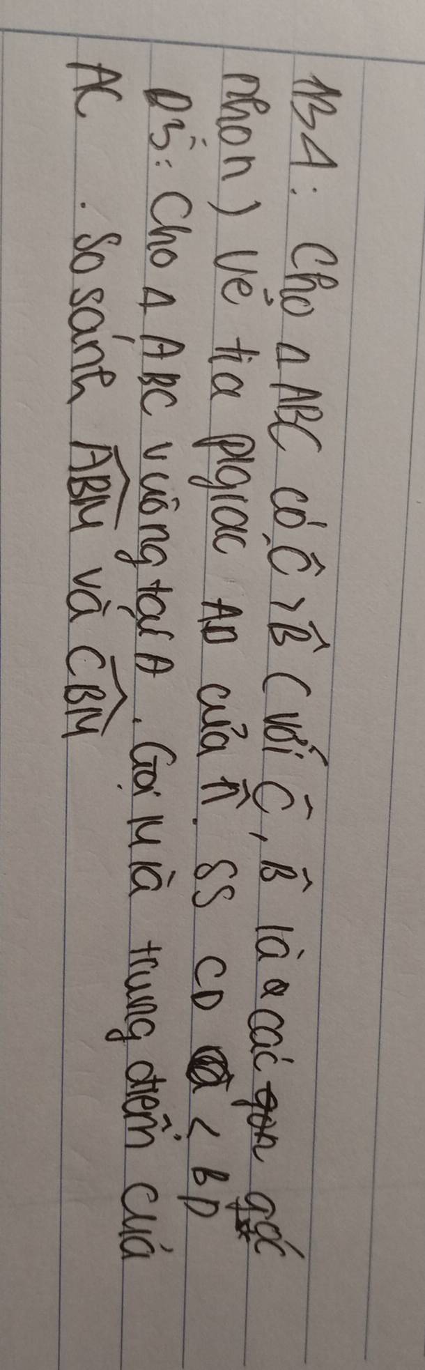 1A: Cho △ ABCco^1overline C>widehat B (usi overline C, overline B là cac ge 
mon) vè tia pigiac A cua n SS CD ∠ BD
05: Cho △ ABC vuóng laiA, Ga Mià tung dem cuá 
AC. So sant widehat ABM vá widehat CBM