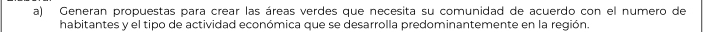 Generan propuestas para crear las áreas verdes que necesita su comunidad de acuerdo con el numero de 
habitantes y el tipo de actividad económica que se desarrolla predominantemente en la región.