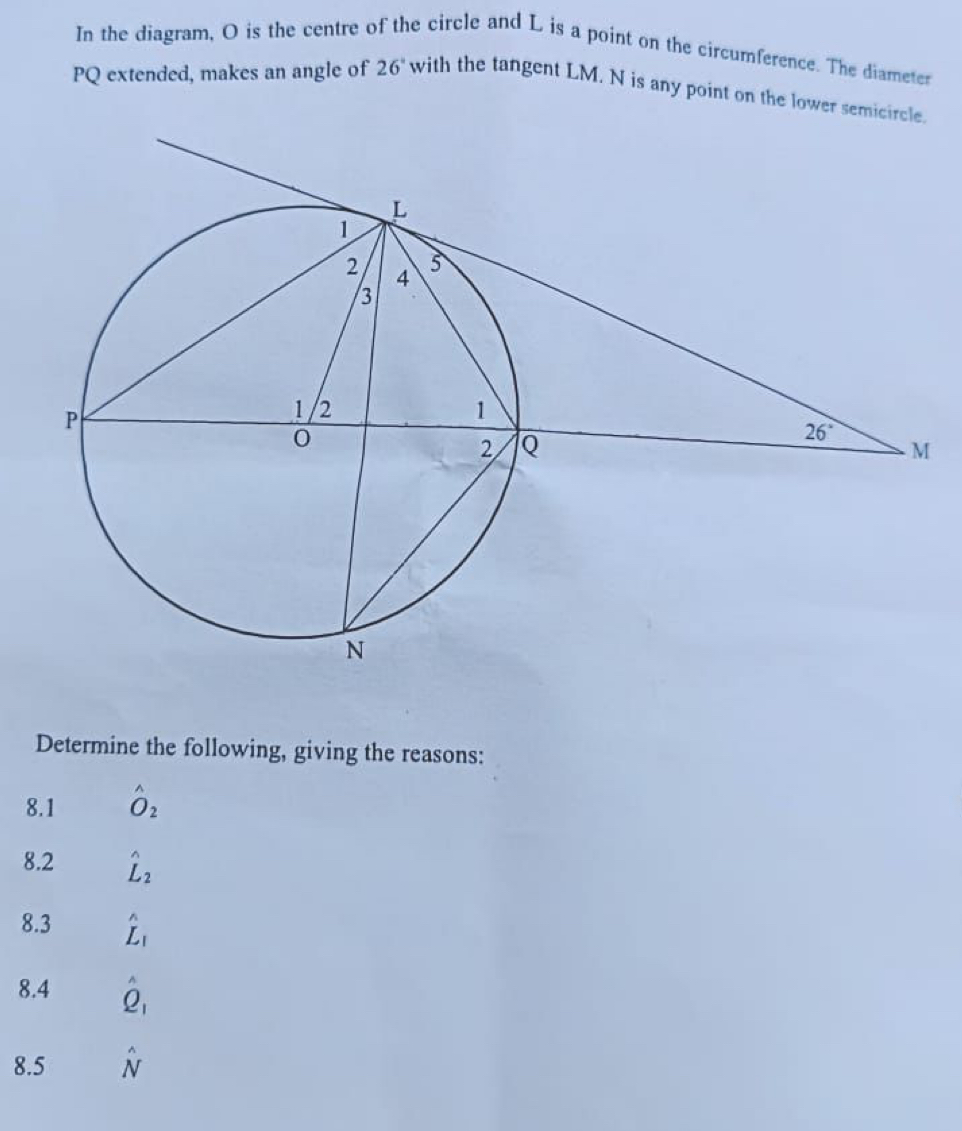 In the diagram, O is the centre of the circle and L is a point on the circumference. The diameter
PQ extended, makes an angle of 26° with the tangent LM. N is any point on the lower semicircle.
Determine the following, giving the reasons:
8.1 hat O_2
8.2 hat L_2
8.3 hat L_1
8.4 hat Q_1
8.5 hat N