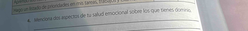 Aprendo tec 
Hago un listado de prioridades en mis tareas, trabajos 
_ 
4. Menciona dos aspectos de tu salud emocional sobre los que tienes dominio. 
_