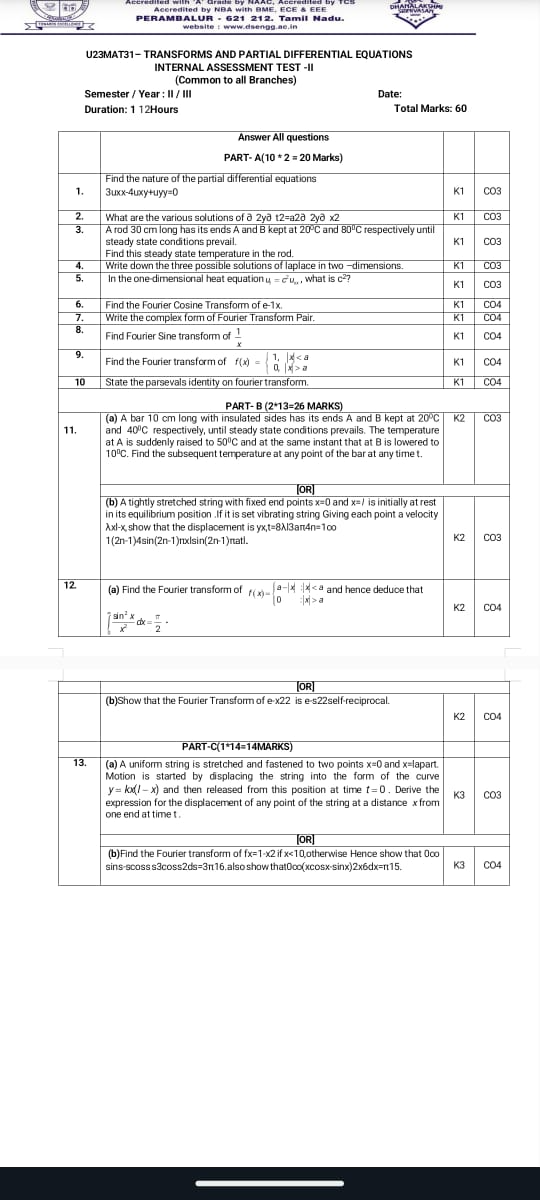 Accredited by NBA with BME. ECE & EEE
U23MAT31- TRANSFORMS AND PARTIAL DIFFERENTIAL EQUATIONS
INTERNAL ASSESSMENT TEST -II
(Common to all Branches)
Semester / Year : II / III Date:
Duration: 112Hours Total Marks: 60