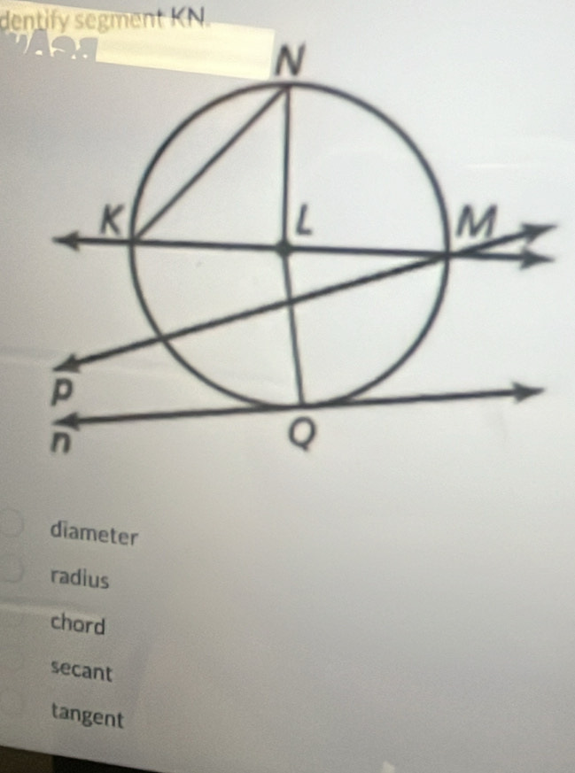 dentify segment KN.
diameter
radius
chord
secant
tangent